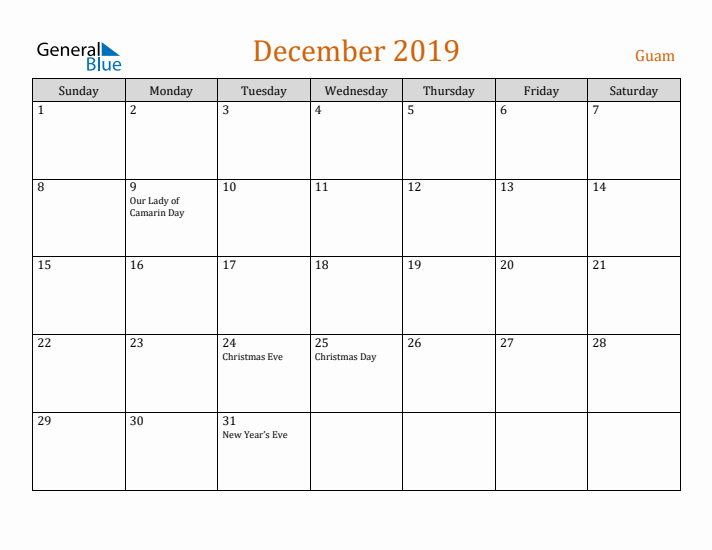 December 2019 Holiday Calendar with Sunday Start