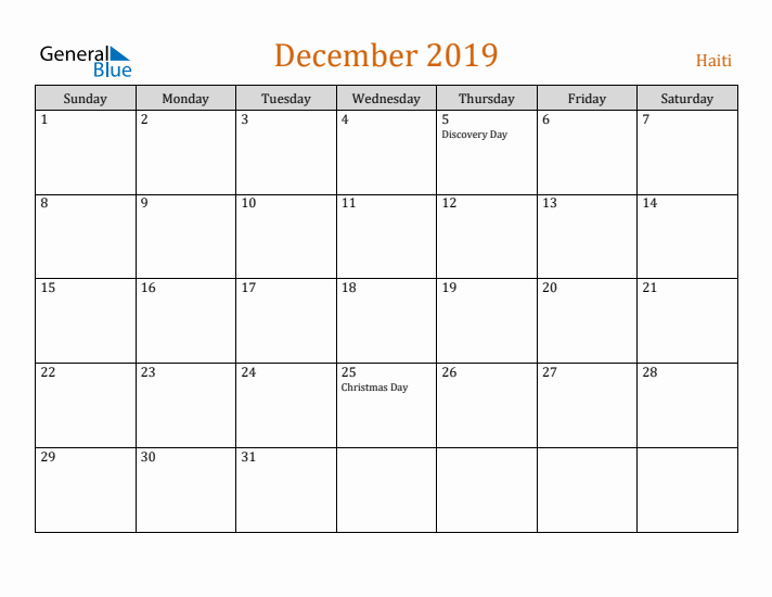 December 2019 Holiday Calendar with Sunday Start