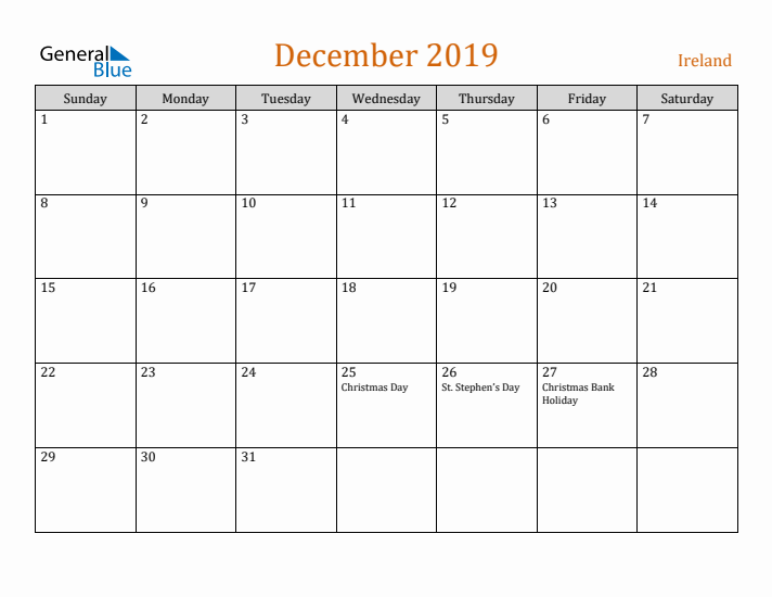 December 2019 Holiday Calendar with Sunday Start