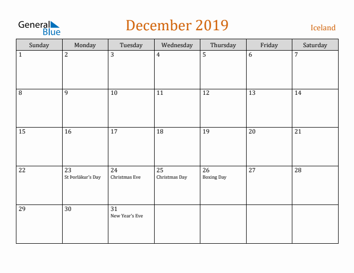 December 2019 Holiday Calendar with Sunday Start