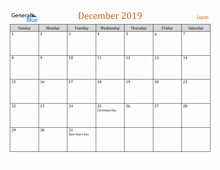 December 2019 Holiday Calendar with Sunday Start