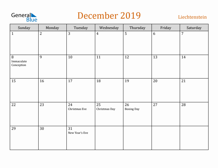 December 2019 Holiday Calendar with Sunday Start