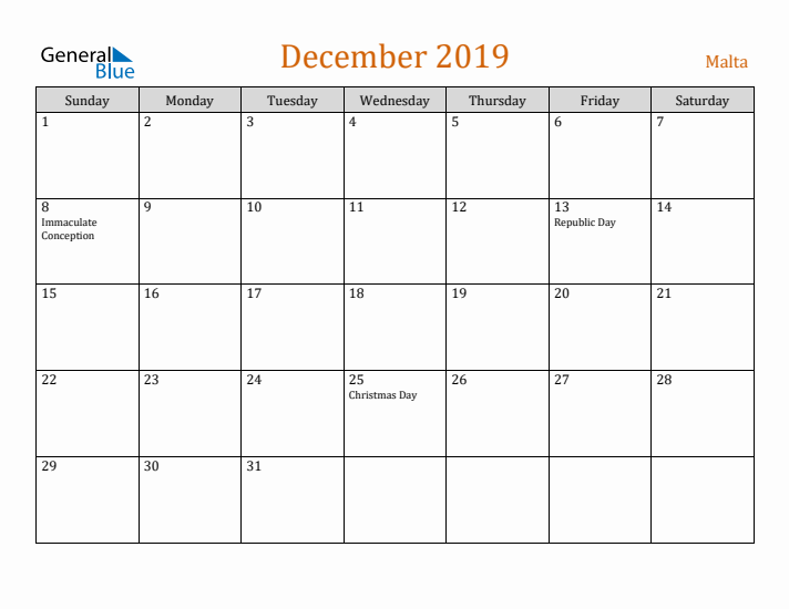 December 2019 Holiday Calendar with Sunday Start