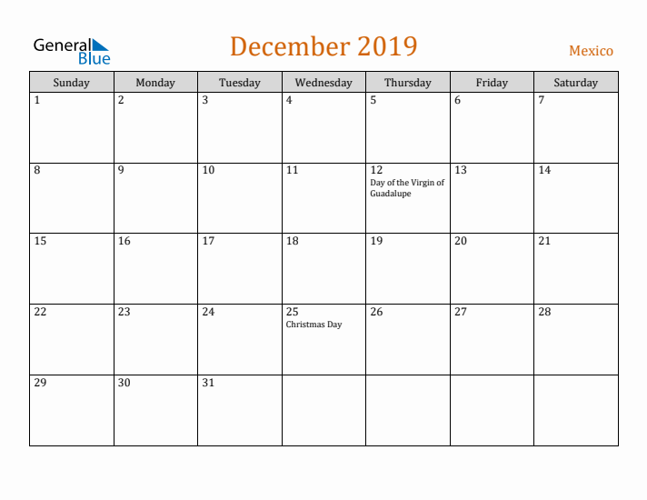 December 2019 Holiday Calendar with Sunday Start