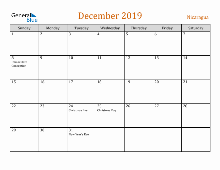 December 2019 Holiday Calendar with Sunday Start