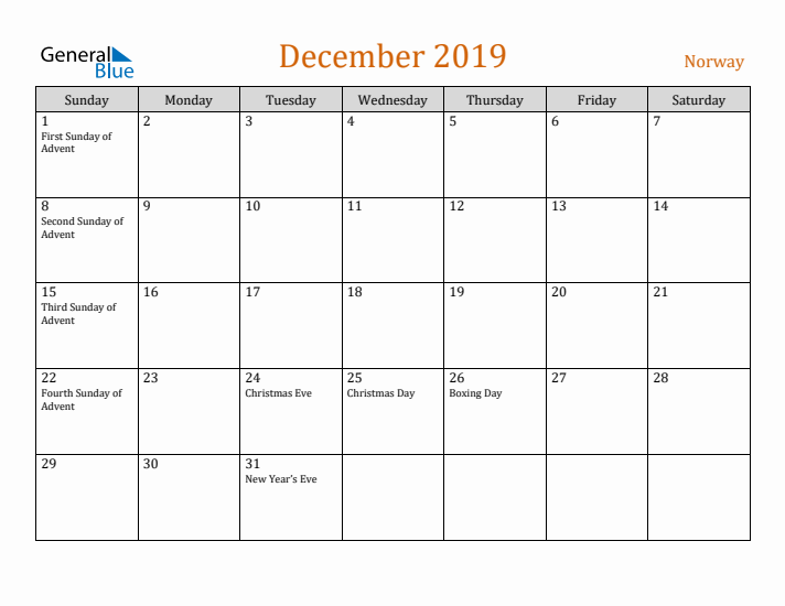 December 2019 Holiday Calendar with Sunday Start