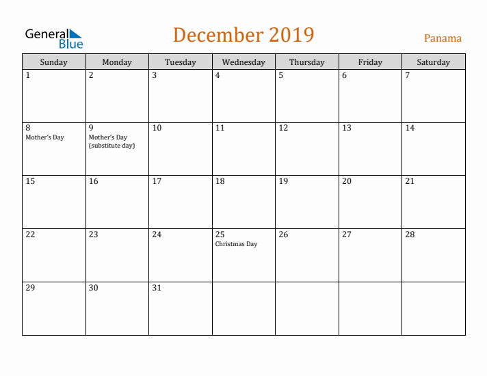 December 2019 Holiday Calendar with Sunday Start