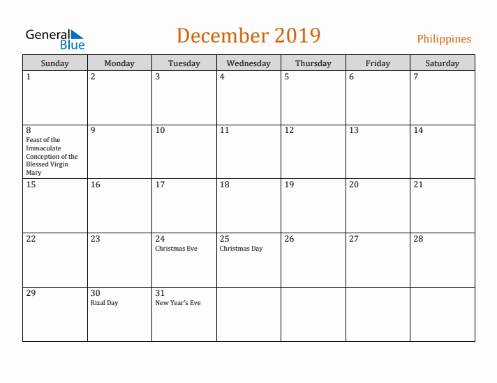 December 2019 Holiday Calendar with Sunday Start