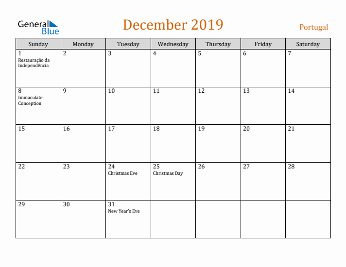 December 2019 Holiday Calendar with Sunday Start