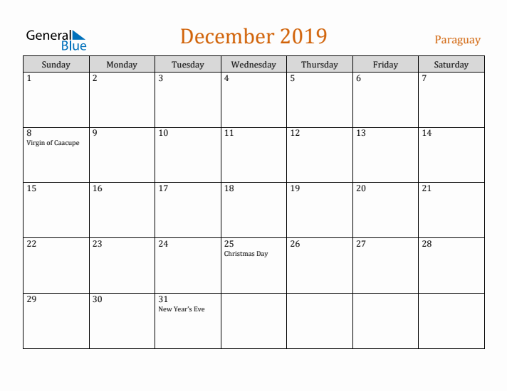 December 2019 Holiday Calendar with Sunday Start