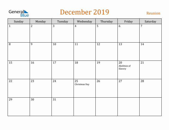 December 2019 Holiday Calendar with Sunday Start