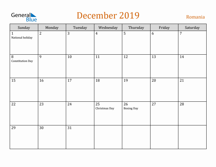 December 2019 Holiday Calendar with Sunday Start