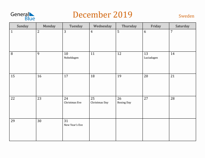 December 2019 Holiday Calendar with Sunday Start