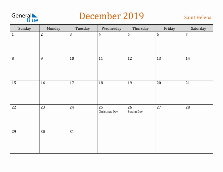 December 2019 Holiday Calendar with Sunday Start