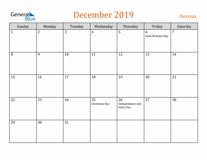 December 2019 Holiday Calendar with Sunday Start