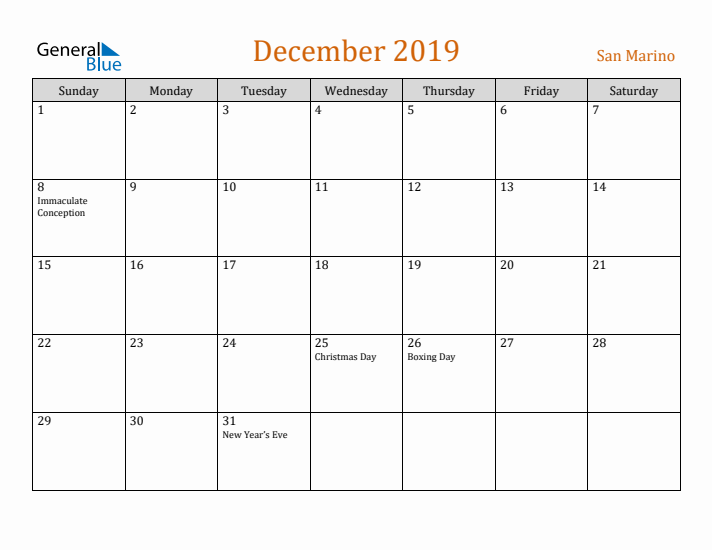 December 2019 Holiday Calendar with Sunday Start