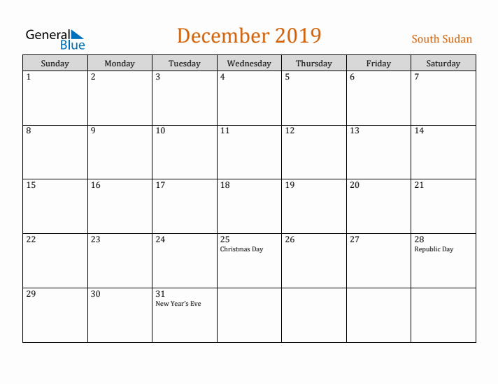 December 2019 Holiday Calendar with Sunday Start