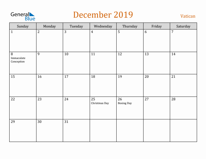 December 2019 Holiday Calendar with Sunday Start