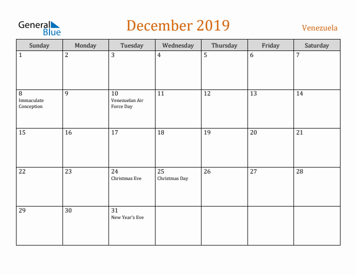 December 2019 Holiday Calendar with Sunday Start