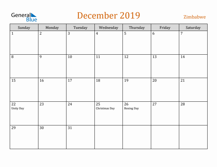 December 2019 Holiday Calendar with Sunday Start