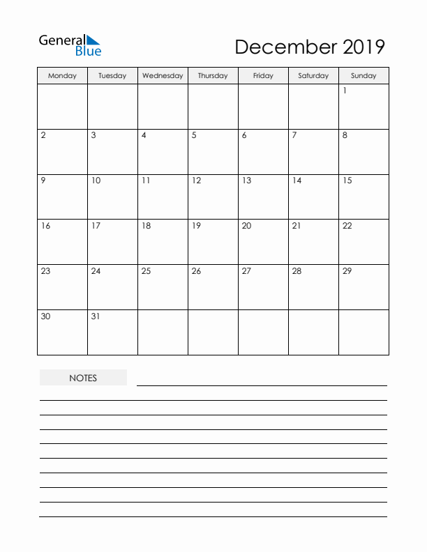 Printable Calendar with Notes - December 2019 