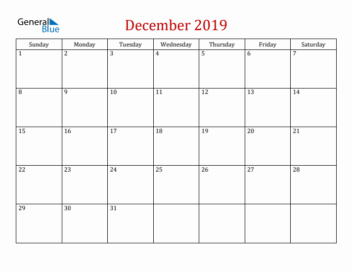 Blank December 2019 Calendar with Sunday Start