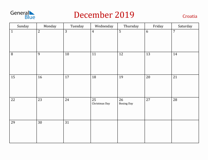 Croatia December 2019 Calendar - Sunday Start