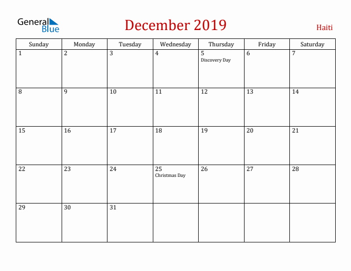 Haiti December 2019 Calendar - Sunday Start