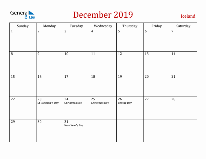 Iceland December 2019 Calendar - Sunday Start