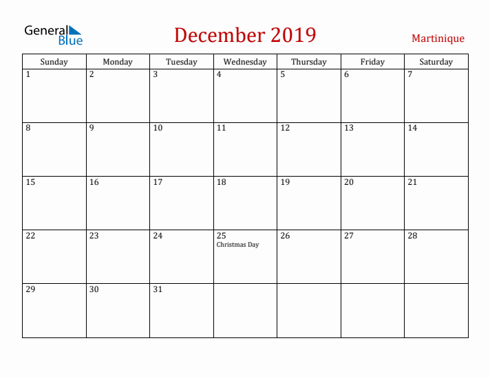 Martinique December 2019 Calendar - Sunday Start