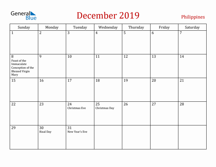 Philippines December 2019 Calendar - Sunday Start