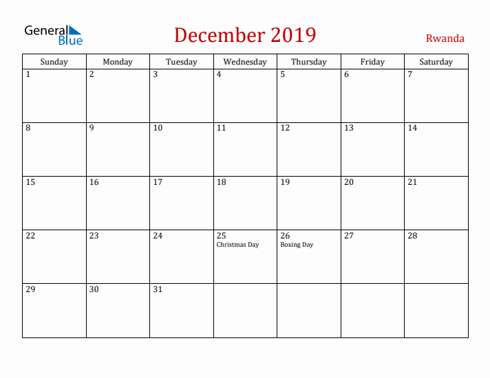 Rwanda December 2019 Calendar - Sunday Start