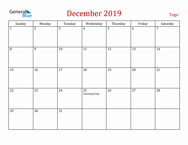 Togo December 2019 Calendar - Sunday Start