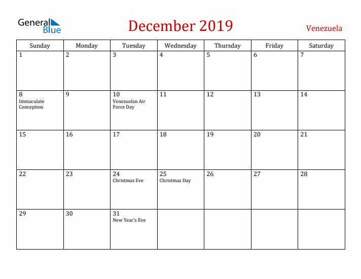 Venezuela December 2019 Calendar - Sunday Start