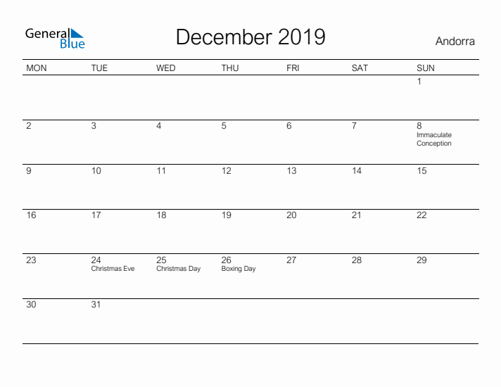 Printable December 2019 Calendar for Andorra