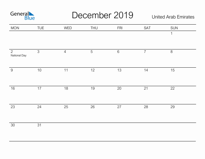 Printable December 2019 Calendar for United Arab Emirates