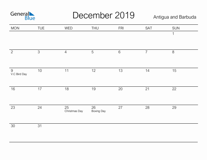 Printable December 2019 Calendar for Antigua and Barbuda