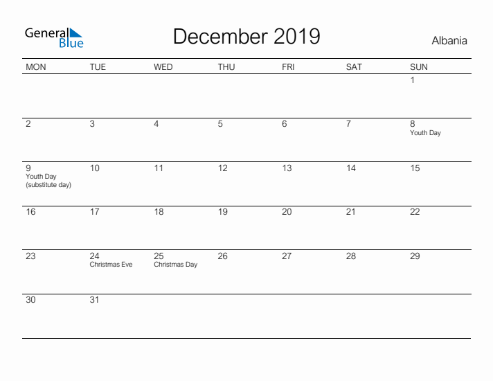 Printable December 2019 Calendar for Albania