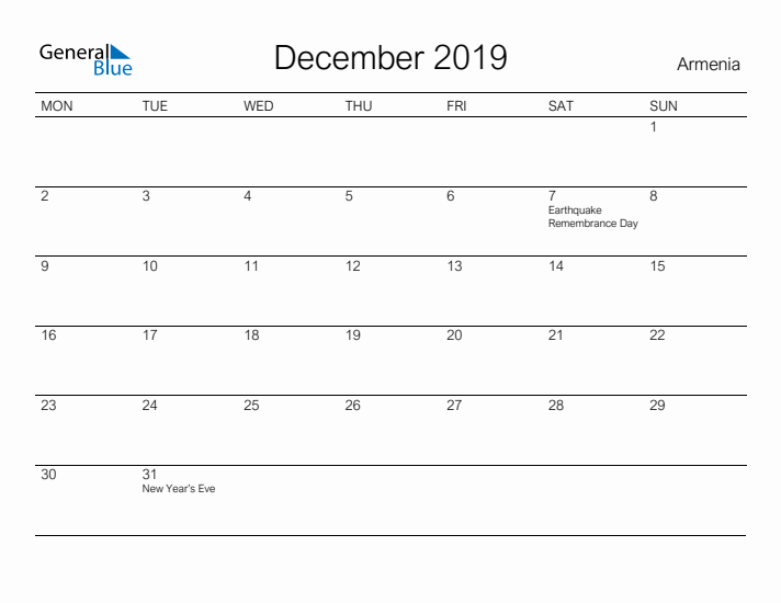 Printable December 2019 Calendar for Armenia