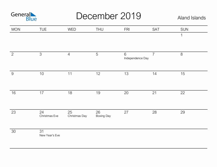 Printable December 2019 Calendar for Aland Islands