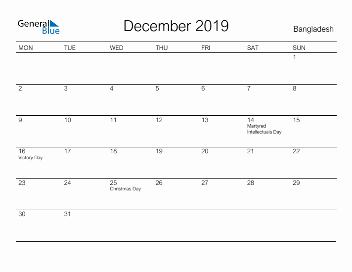 Printable December 2019 Calendar for Bangladesh