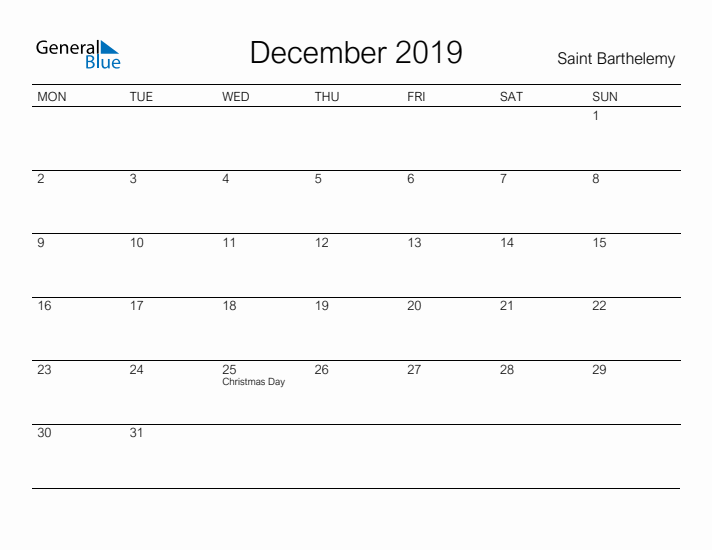 Printable December 2019 Calendar for Saint Barthelemy