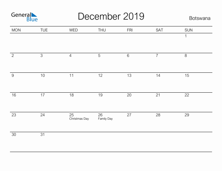 Printable December 2019 Calendar for Botswana