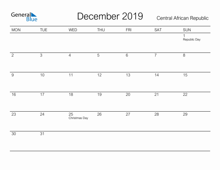 Printable December 2019 Calendar for Central African Republic