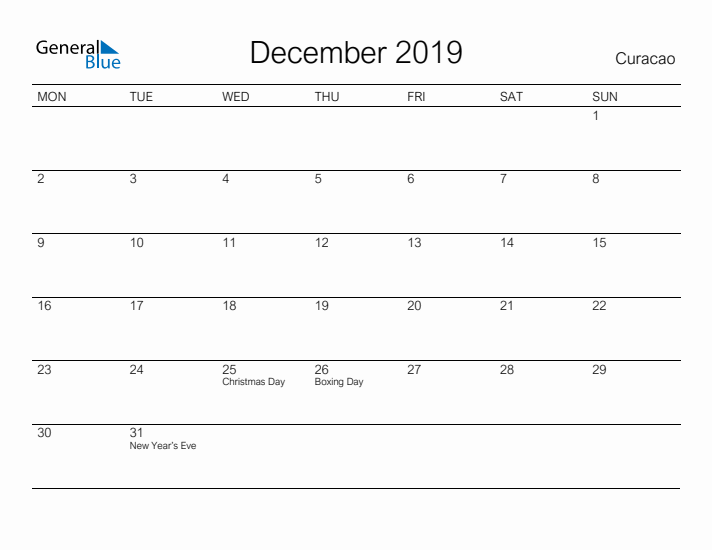 Printable December 2019 Calendar for Curacao