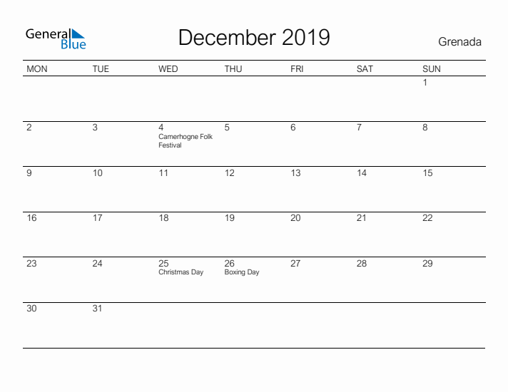 Printable December 2019 Calendar for Grenada