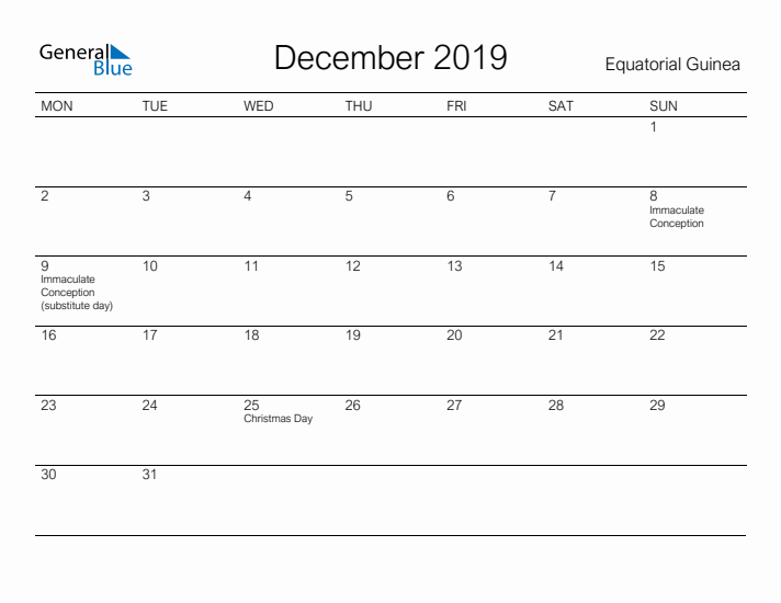 Printable December 2019 Calendar for Equatorial Guinea