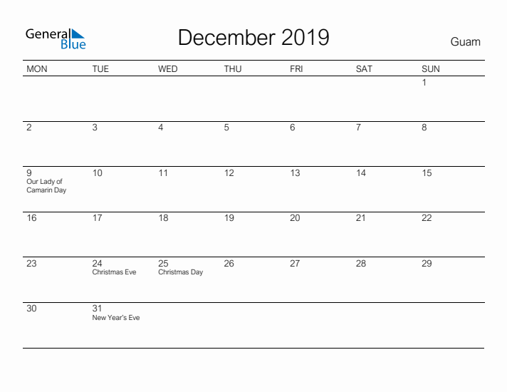 Printable December 2019 Calendar for Guam