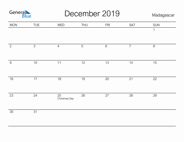 Printable December 2019 Calendar for Madagascar