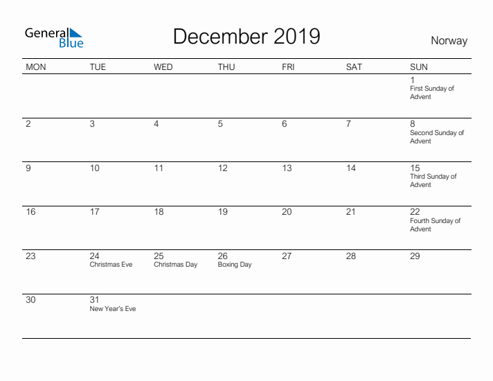 Printable December 2019 Calendar for Norway